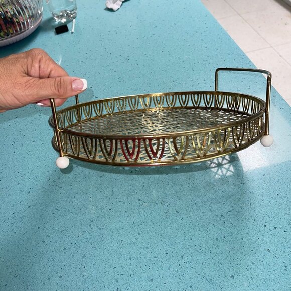 Vintage Gold Tone Metal Footed Drink Serving Tray With Handles - Picture 6 of 9